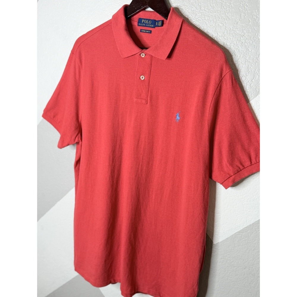 Polo Ralph Lauren Mens XL Custom Slim Fit Polo Shirt Coral Red Blue Pony Cotton - Picture 4 of 11